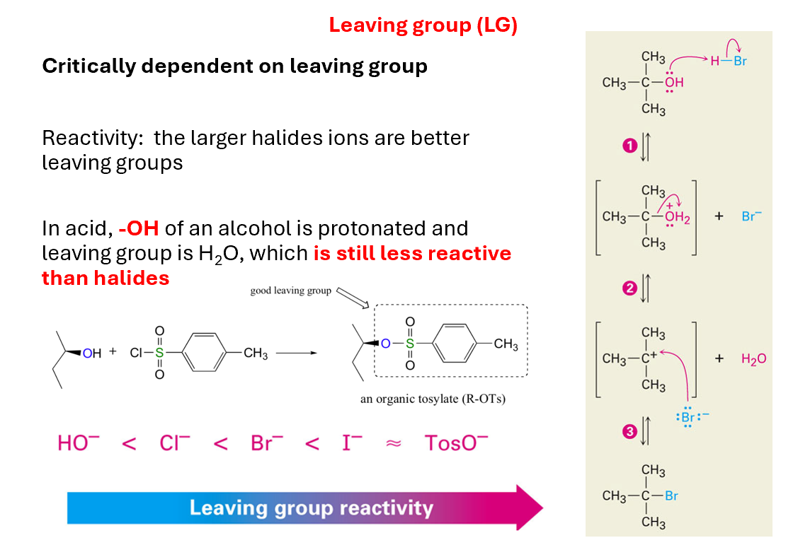 <ul><li><p>Critically dependent on leaving group</p></li><li><p>Reactivity:  the larger halides ions are better leaving groups</p></li><li><p>In acid, -OH of an alcohol is protonated and leaving group is H2O, which is still less reactive than halides</p></li></ul><p></p>