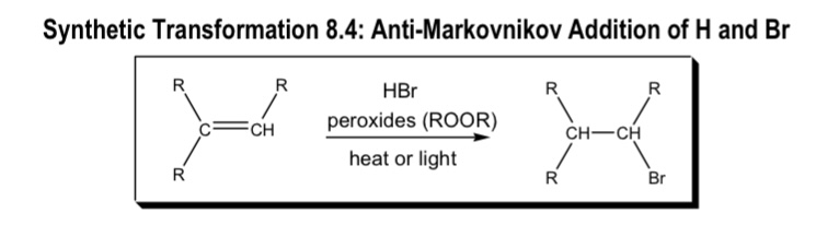 <ul><li><p>anti-markov addition of H and Br</p></li></ul><p></p>