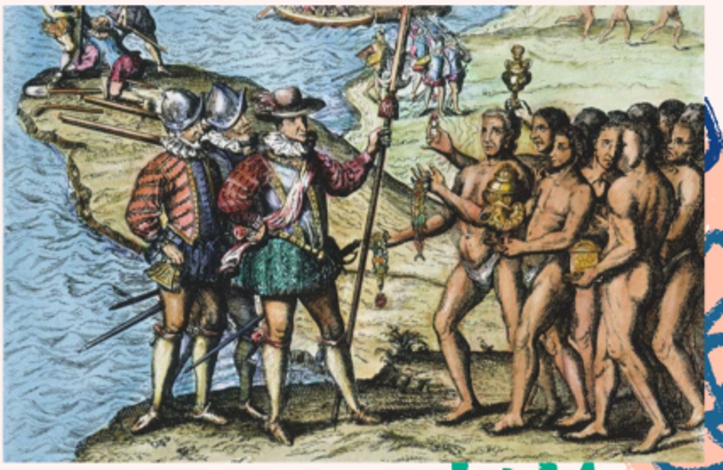 <p>Columbus conquers the Tainos<br>- Tainos - villages, Grew corn, yams and cotton to make cloth (friendly at first)<br>- Spanish began to assault and seize their people, killed resistors (required each Tainos to give a set amount of gold or be killed)<br><br>Conquistadors - conqueror<br><br>Guns, horses and disease<br>- Guns and cannons &gt; arrows and spears<br>- Metal armor<br>- Natives had never seen horses before (scared)<br>- Smallpox, measles, and influenza (wiped out 90% of native population in the 1500s)</p>