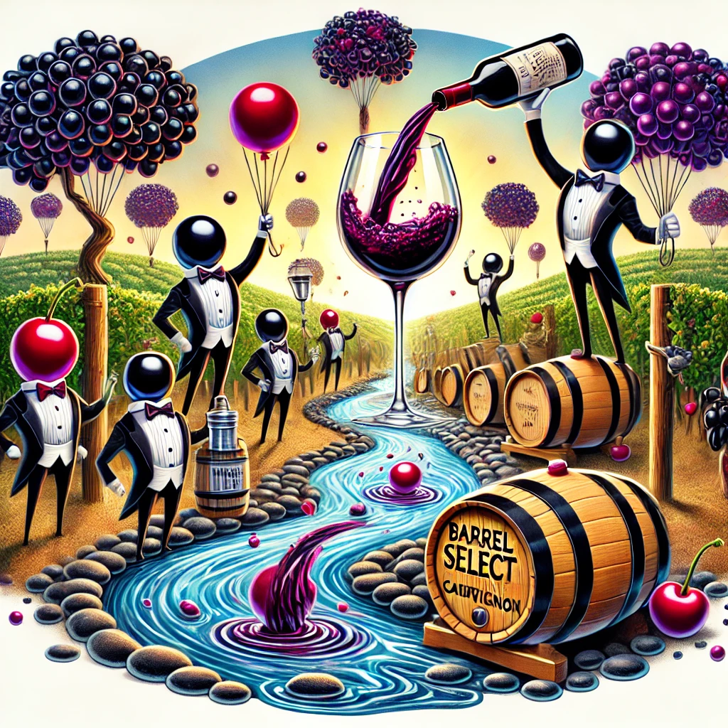 It features tuxedo-clad barrels releasing black cherry and ripe plum balloons, a flowing wine stream with dancing dark fruit characters, and spice shakers sprinkling flavor from above. A glowing wine glass symbolizes the elegant and lingering finish. This playful yet sophisticated scene captures the wine's refined richness and quality.
