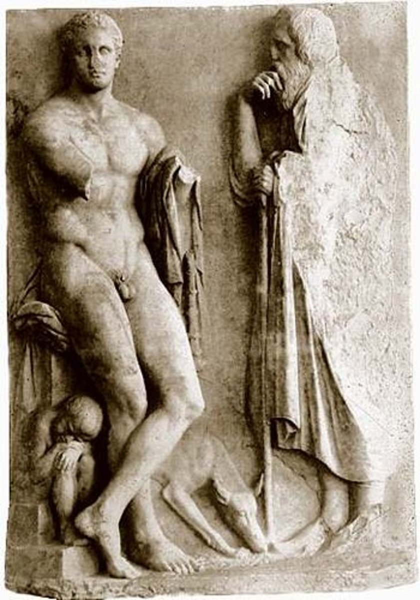 <p>- <strong>330 bce (late classical period)</strong> </p><p>- found <strong>near river Ilissos</strong> (athens) </p><p>- notable for <strong>number and variety of figures</strong> (old man, youth, boy, &amp; dog) </p>