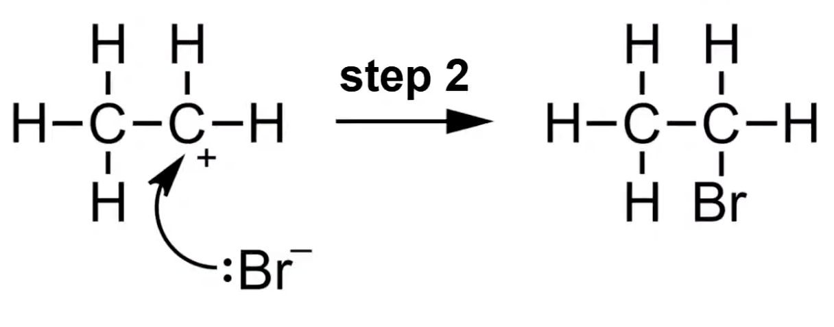 <p>Anion formed from fission uses a lone pair to bond with the carbocation</p><p>Product is a saturated molecule with added atoms.</p>