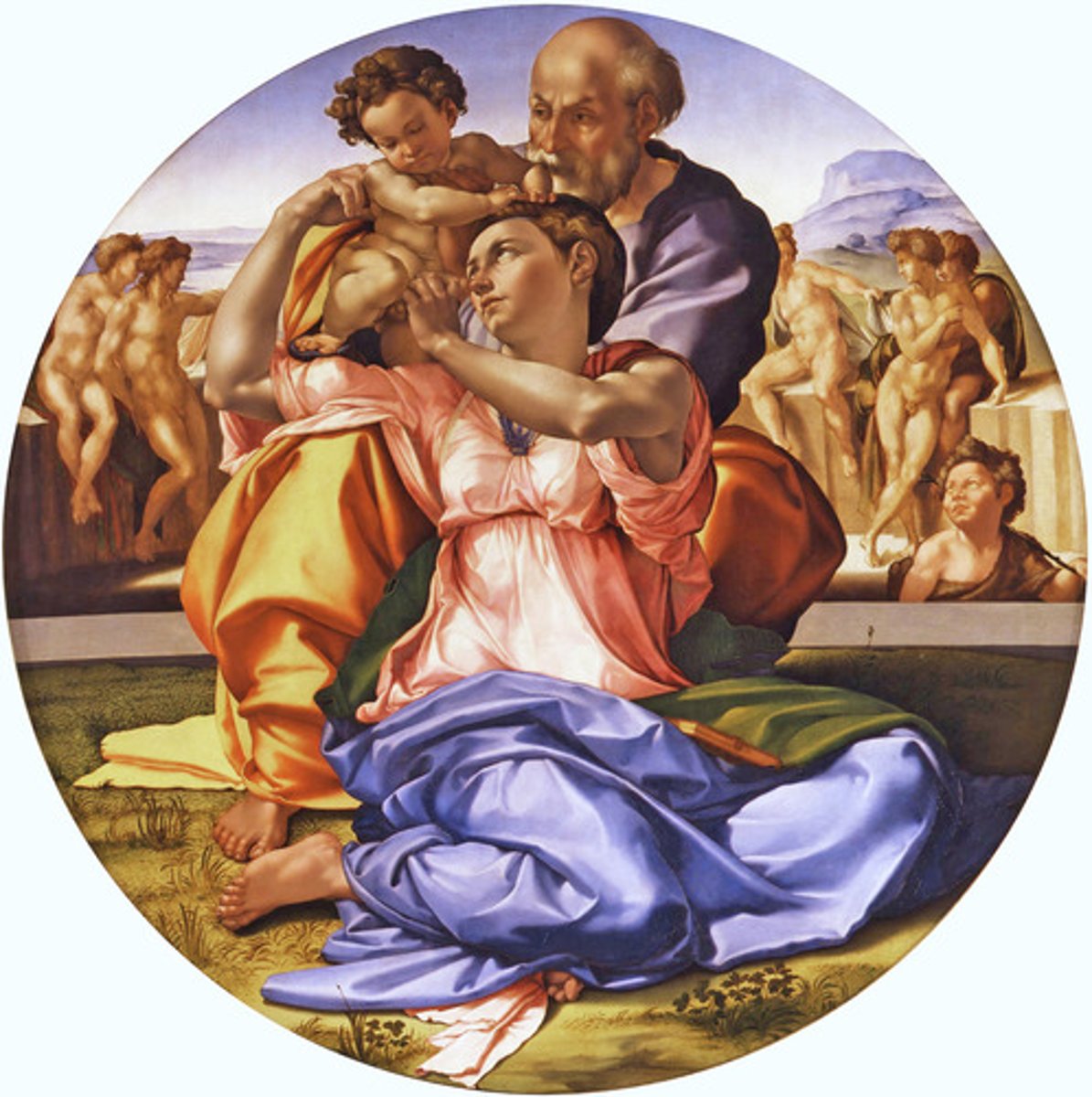 <p>Michelangelo, Doni Tondo (or Holy Family), c. 1505, tempera and oil on wood</p><p>Circular painting</p><p>Made before the sistine chapel</p><p>A bunch of random ignudi in the background</p><p>The themes in this painting are clearly used in the sistine chapel like the nude bodies and positioning of main characters</p>