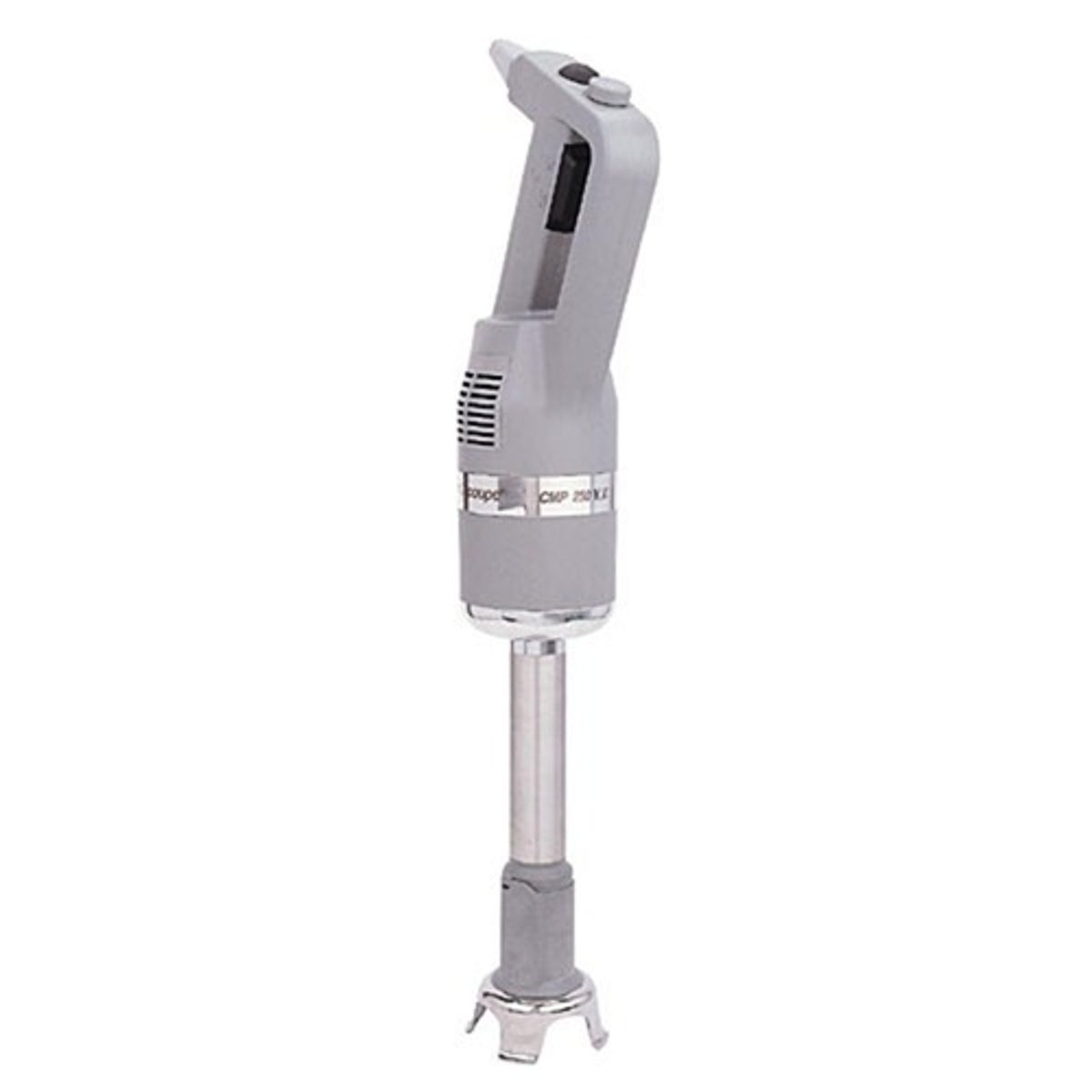 <p>Also known as a hand blender, stick blender, or burr mixer. It is a long, stick-like machine that houses a motor on one end of the machine with a blade on the other end. This operates in the same manner as a countertop blender to purée and blend food, except that a cook holds it manually in a container of food, whereas a countertop blender contains the food itself.</p>