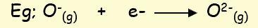 <p>The enthalpy change when one mole of a gaseous 1- ion gains an electron to become one mole of a gaseous 2- ion</p>
