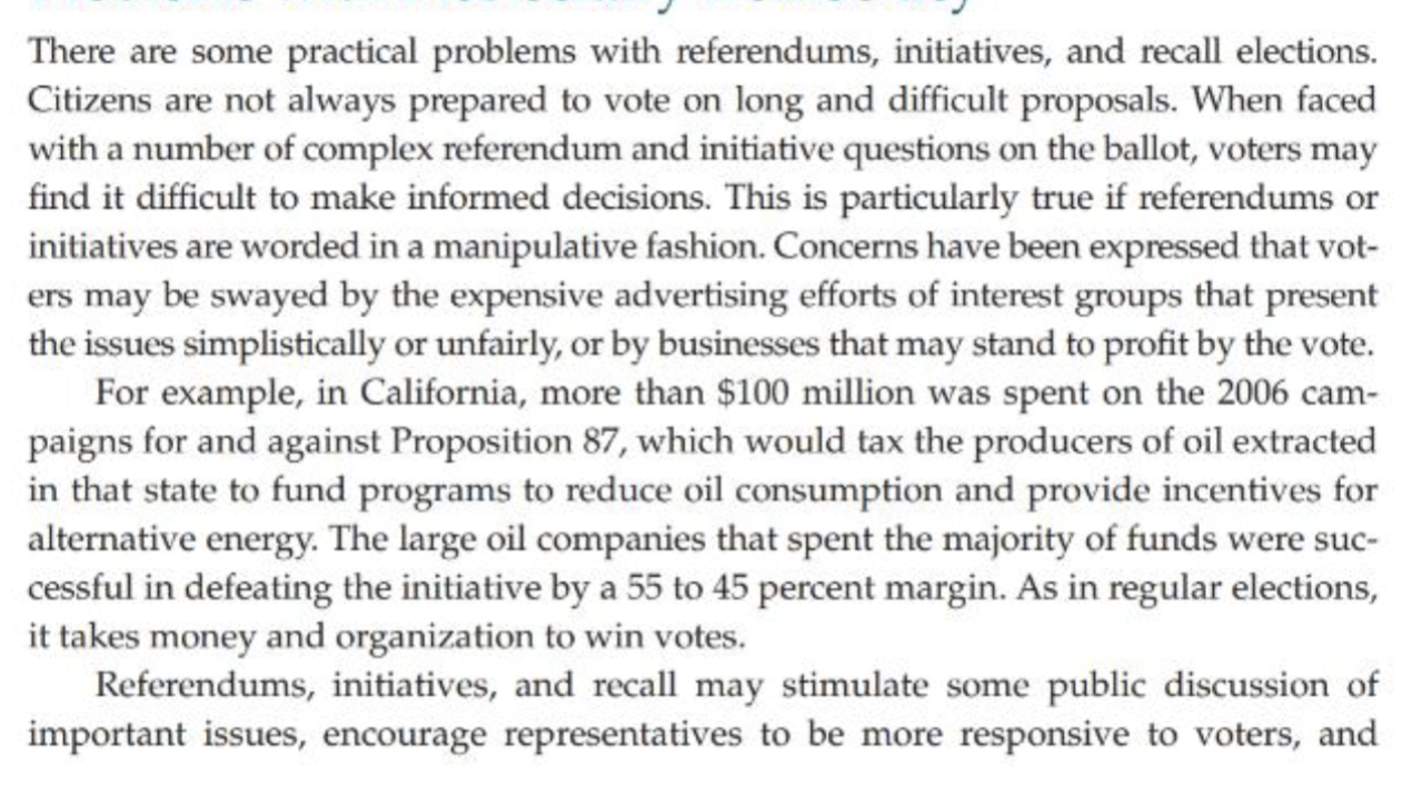<ol><li><p>when faced with a number of complex referendum and initiative questions on teh ballot, voters may find it difficult to make informed decisions . </p></li></ol>