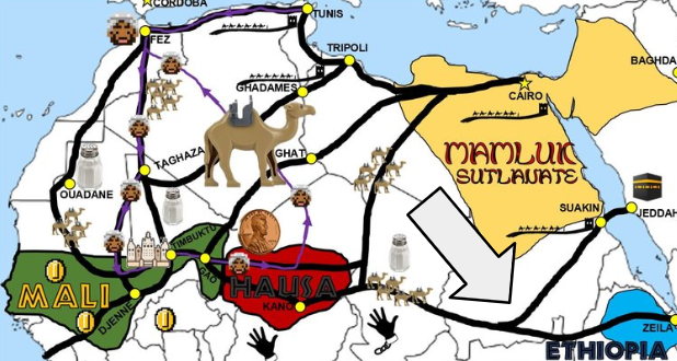 Trade route across an African desert that used Caravans and Camels to transport mainly salt and gold. Merchants used camels because they could go long distances without needing to stop for water.
LO 8) The rise in demand for gold, ivory, and slaves brought merchants into Africa causing the growth of the trade route.