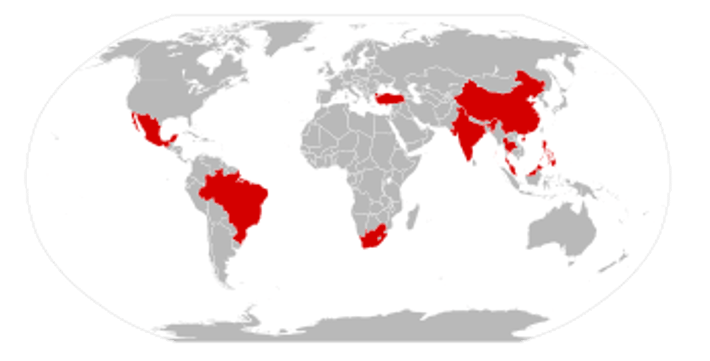<p>Less developed countries with late expanding industrial economies and a developing trade status in the global market place. Vietnam, Philippines, Bangladesh, stage 3. Image is the BRICS states.</p>