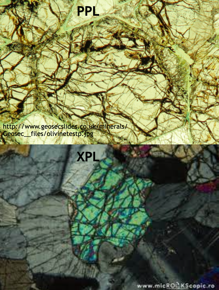 <p><mark data-color="#c2f3be" style="background-color: #c2f3be; color: inherit">(Mg,Fe)<sub>2</sub>SiO<sub>4</sub></mark></p><p><strong>Orthosilicates (nesosilicates)</strong></p><p><strong>Hand Sample </strong></p><ul><li><p>Most often green in color but can be brownish</p></li><li><p>Grainy aggregate masses </p></li><li><p>Mantle xenoliths & phenocrysts in basalt association</p></li><li><p>H of 6.5-7</p></li><li><p>Conchoidal fracture </p><ul><li><p>very poor cleavage </p></li></ul></li></ul><p><strong>PPL </strong></p><ul><li><p>High relief, rounded habit, no pleochroism, no cleavage</p></li></ul><p><strong>XPL </strong></p><ul><li><p>2<sup>nd</sup> to 3<sup>rd</sup> order birefringence, often found in aggregate masses most easily visible in CPL</p></li></ul><p></p>