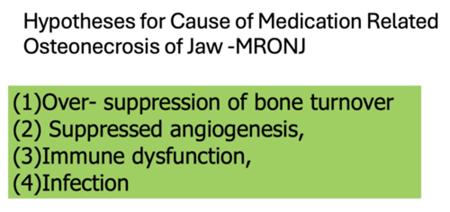 <p>(1) Over- suppression of bone turnover</p><p>(2) Suppressed angiogenesis</p><p>(3) Immune dysfunction</p><p>(4) Infection</p>