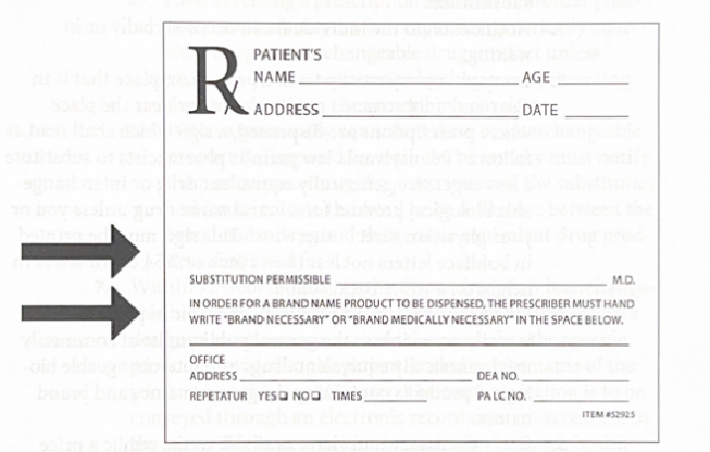 <ul><li><p><strong>bottom of rx blank must have printed words “substitution permissible” and must contain ONE signature line ABOVE THIS for prescriber’s signature</strong></p></li><li><p><strong>under prescriber line—&gt; must have the printed statement:</strong></p><ul><li><p>“In order for a brand name product to be dispensed, the prescriber must handwrite “brand necessary” or “brand medically necessary” in the space below</p></li></ul></li><li><p><strong>all info should be in 8-point uppercase print</strong></p></li></ul><p></p>