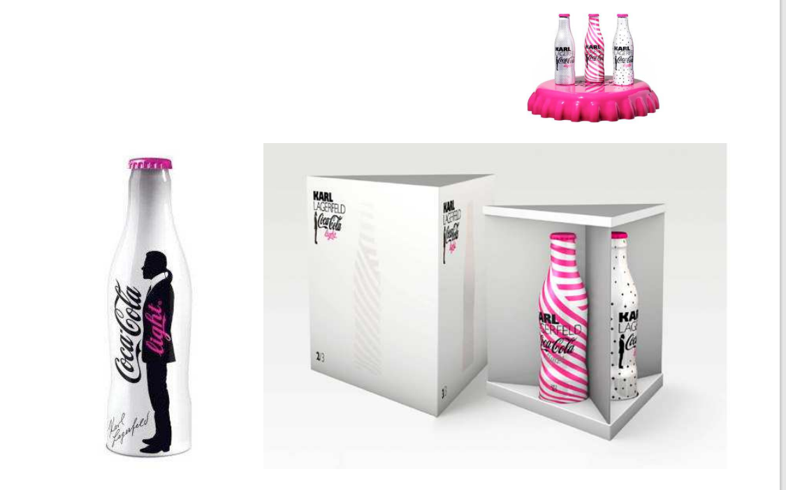 diet coke

three models

Fuchsia, white and black are again, as they were in 2010, the colors chosen by Lagerfeld for his creations with the soft drink brand. In this year's edition you can see again the silhouette of the Chanel couturier on the packaging.