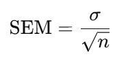 <p>• SEM: Standard deviation of the sample mean</p><p>• σ: Population standard deviation</p><p>• n: Sample size</p><p>Use: Quantifies how far the sample mean is likely to be from the population mean.</p>