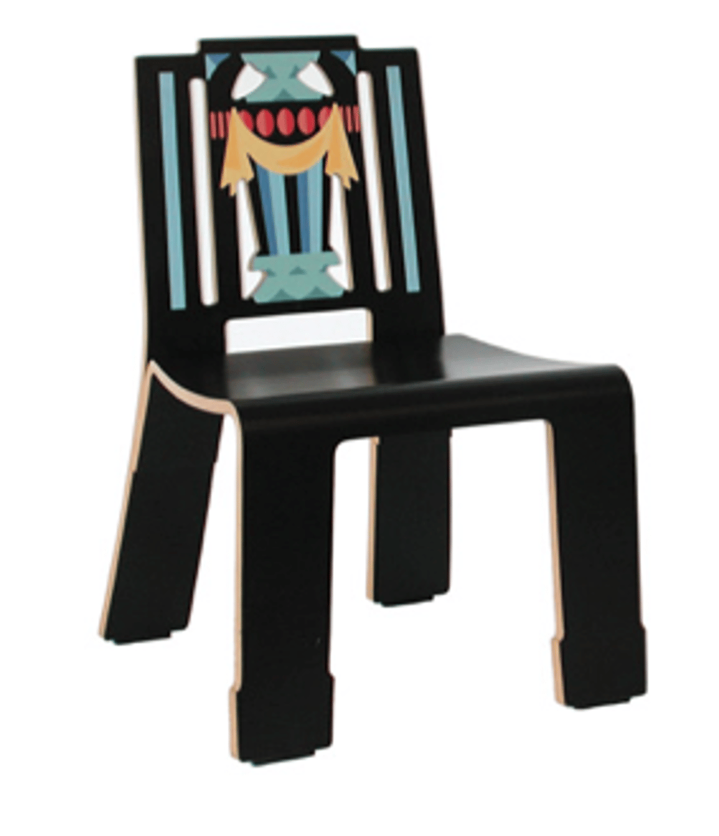 <p>Designed by Venturi made of bent plywood, plastic laminate, and rubber. It is a cartoonish take on the furniture designs of Thomas Sheraton. It features whimsical and colorful renderings of some of the motifs that Sheraton employed in his work, such as a swag and urn.</p>
