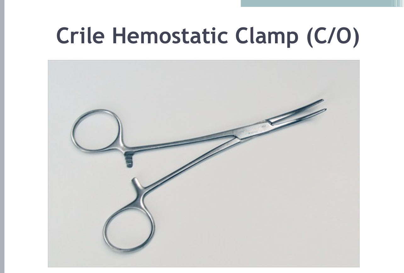 <p>Crile Hemostatic Clamp (Clamping/Occluding): A straight, serrated hemostatic clamp used to clamp vessels during surgery.</p>