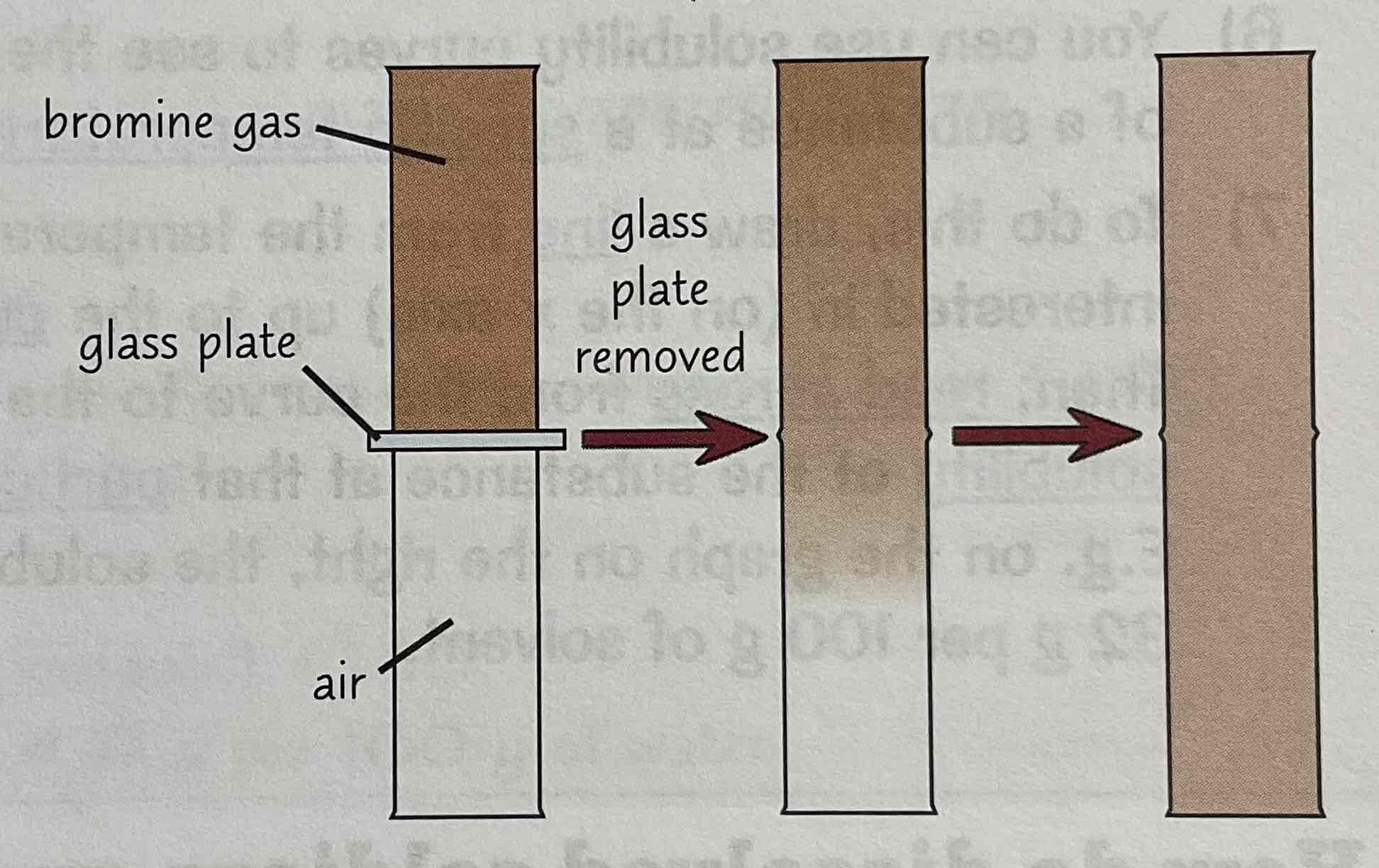 <p>Bromine gas - brown, strongly smelling - use to demonstrate diffusion in gases</p><p>Fill half a gas jar full of bromine gas - other half full of air, separate gases with glass plate</p><p>When you remove plate - see brown bromine gas slowly diffusing through air</p><p>Random motion of particles means bromine will eventually diffuse right through the air</p>