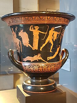 <ol><li><p>High classical</p></li><li><p>No longer heads at the same level</p></li><li><p>Shows the killing of Niobe’s kids (Apollo and Artemis killed her children)</p></li><li><p>Other side may be Hercules in the arms of athena with heroes</p></li><li><p>A krater for mixing wine</p></li></ol><p></p>