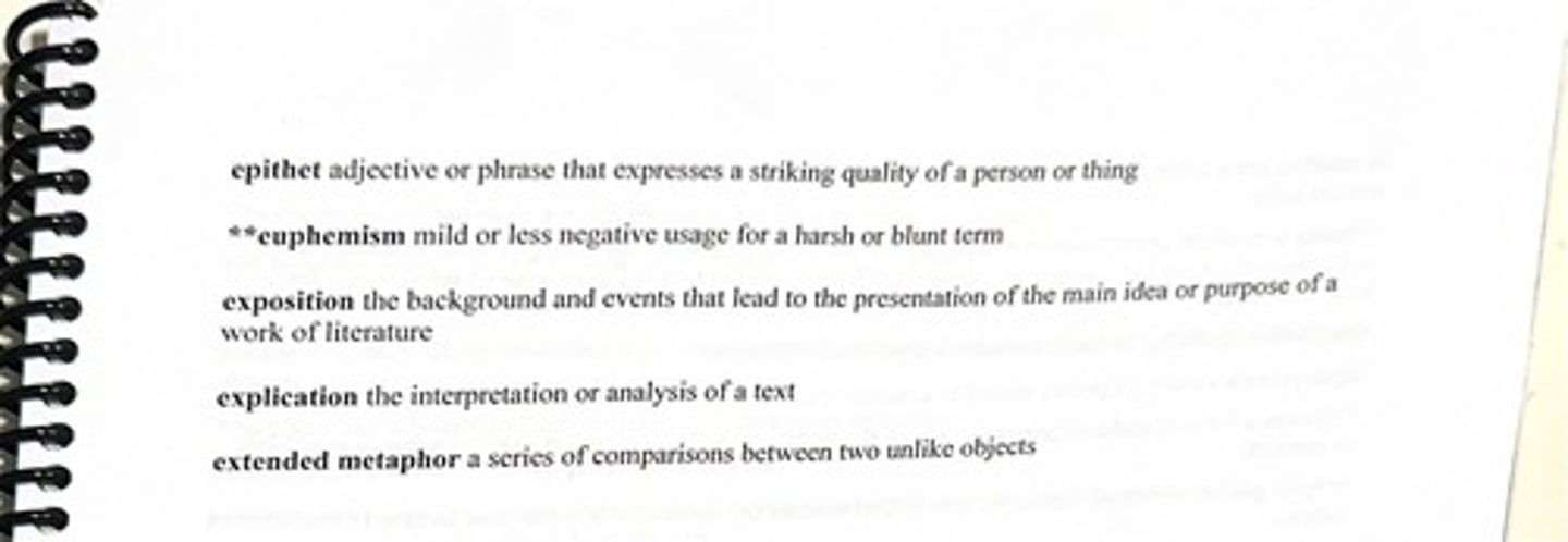 <p>adjective or phrase that expresses a striking quality of a person or thing</p>