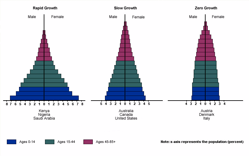 <p>Using the diagram, what type of population growth do you expect from the county with the age structure diagram on the left</p>