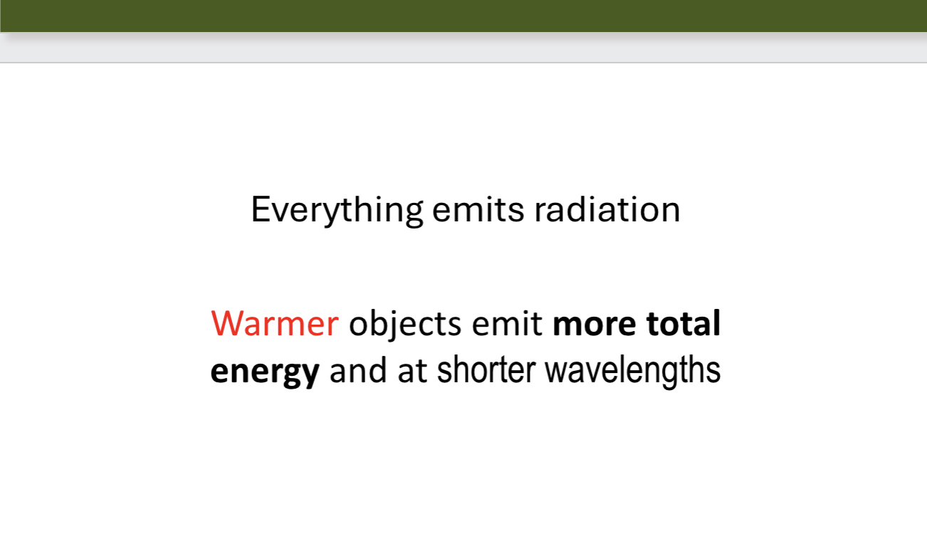 <p></p><p>warmer objects: emit more total energy and at shorter wavelengths ex: <u>shortwave radiation</u> aka incoming radiation/sunlight</p><p>cooler objects: emit less total energy and at a longer wavelength ex:<u> longwave radiation</u> aka Earth-emitted radiation, thermal infrared radiation/heat </p>
