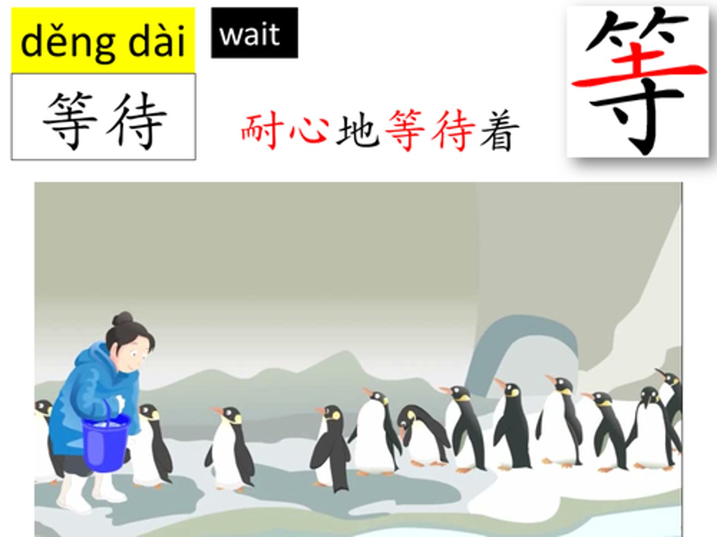 <p>děng dài - wait (for), chờ đợi</p>