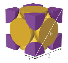 <p>a cube with one atom at each corner and one atom in the center of each cube face</p><p>atoms do not touch along each edge of the cube; touch along the face diagonal (like BCC)</p><p>edge length: l = 2r√2</p><p>net atoms per cell: (1/8 × 8) + (1/2 × 6) = 4</p><p>coordination number: 12</p>
