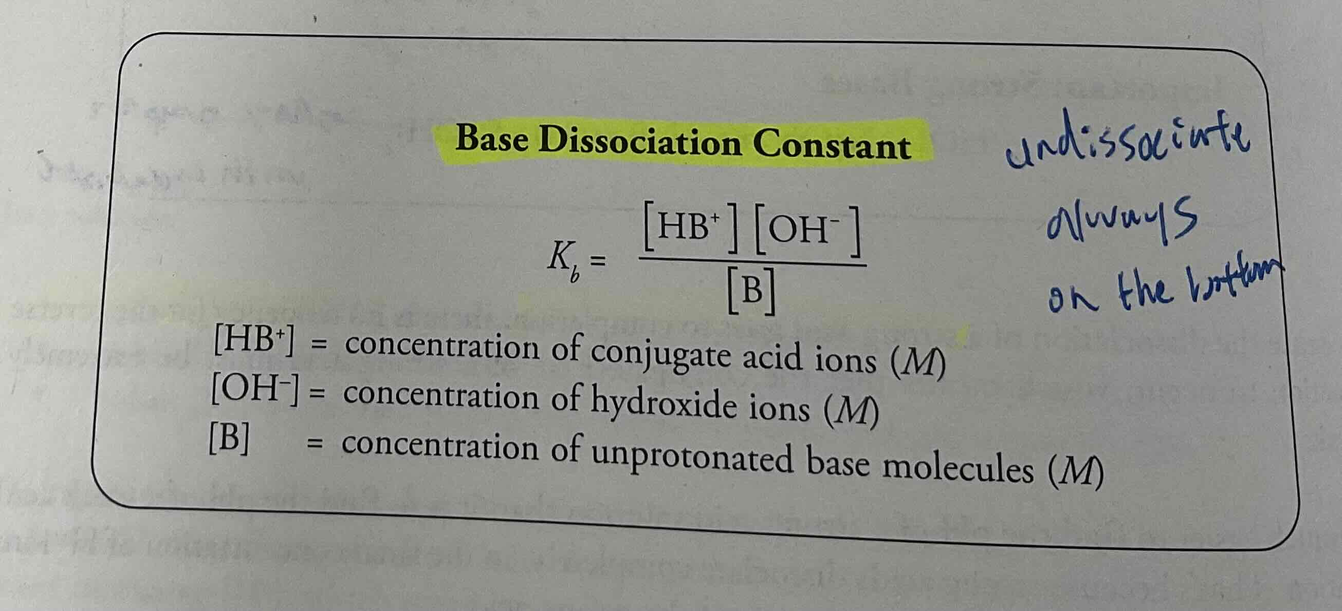 <p>Kb= [HB+] [OH] / [B]</p>