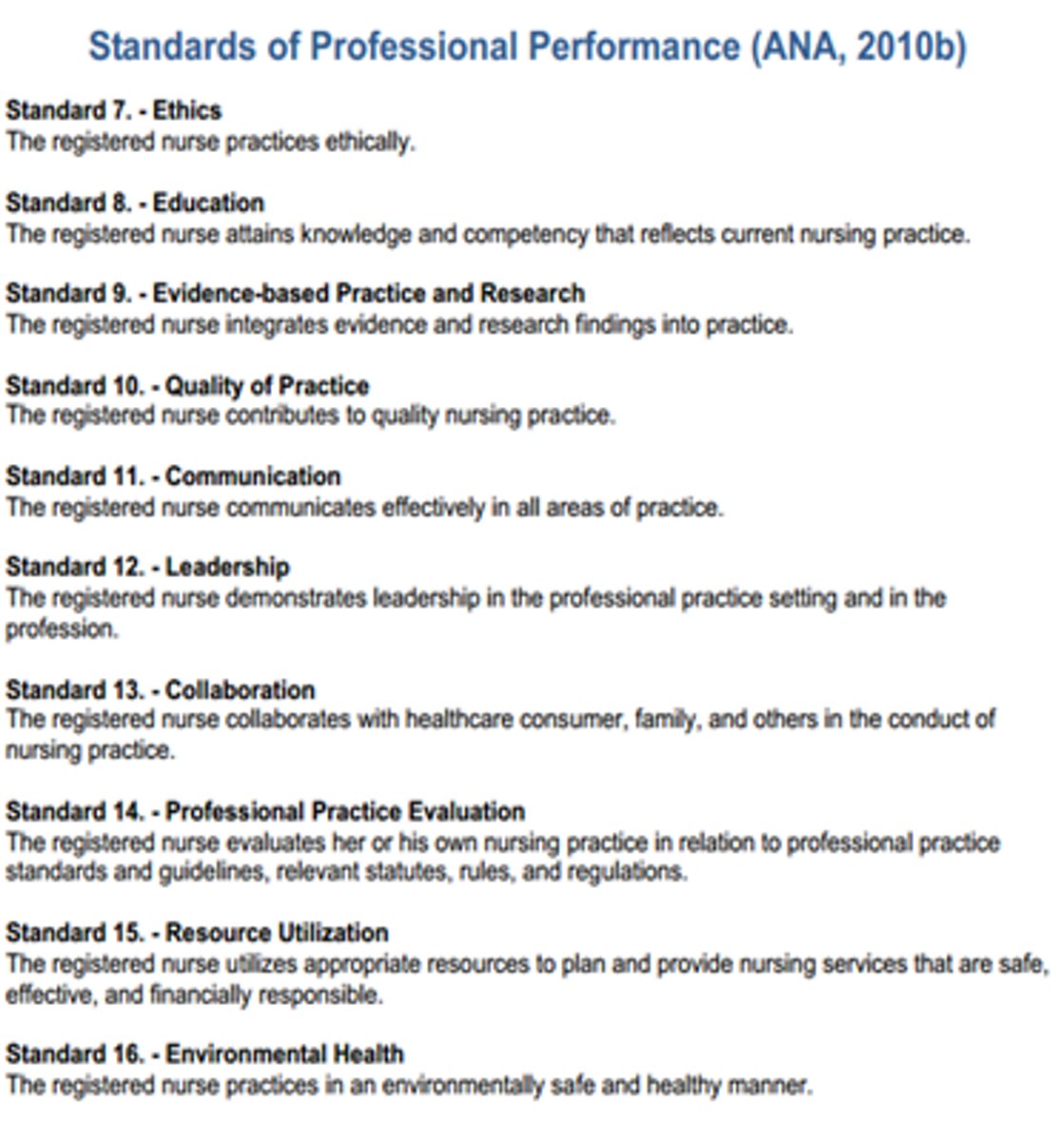 <p>Ethics<br>Education<br>Evidence-Based Practice<br>Quality of Practice<br>Communication<br>Leadership<br>Collaboration<br>Professional Practice<br>Resources<br>Environmental Health</p>