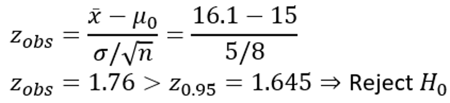 <p>- In Example 1 we could not reject H0, we had:</p><p>n = 9, x ̅ = 16.1 years, and σ = 5</p><p>- If we had the same results with a larger sample of n=64, then, zobs = 1.76 and we would reject the H0</p><p>*Need larger sample size to trust result or reject or not</p>