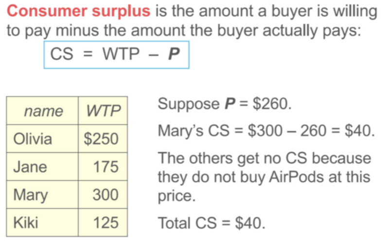 <p>The amount a buyer is willing to pay minus the amount the buyer actually pays.&nbsp;</p><p><strong>CS= WTP- P</strong> <u>note: this only applies to people participating in the market.&nbsp;</u></p><p></p>