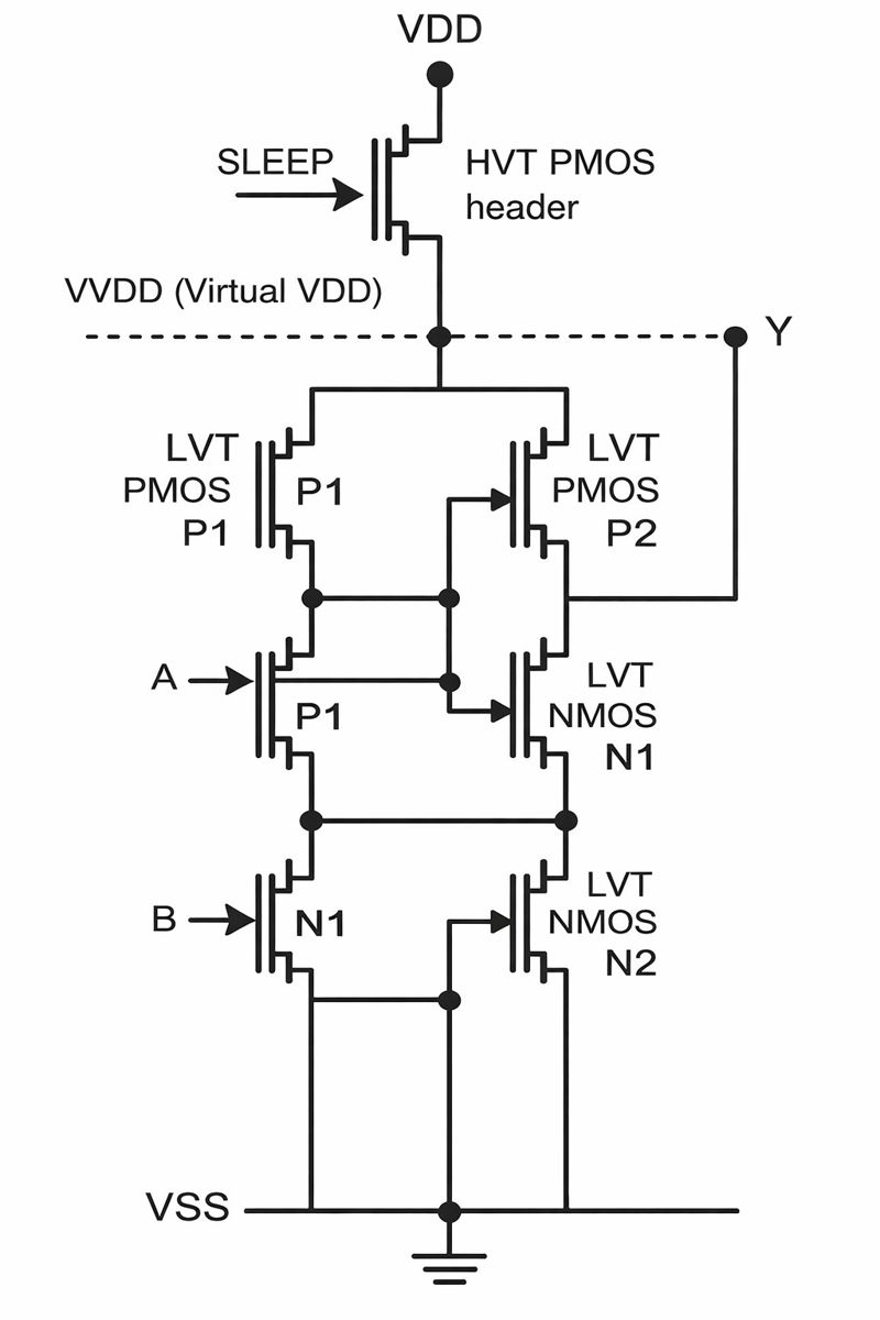 <p>Power gating reduces leakage power by using a <strong>high-threshold-voltage (HVT) PMOS header transistor</strong> to disconnect idle logic from <strong>VDD</strong>, creating a <strong>virtual VDD</strong>.</p><p>When the circuit is active, the header transistor is <strong>on</strong>, so virtual VDD is connected to VDD and the logic operates normally. When the circuit is idle, the header transistor is <strong>off</strong>, isolating the <strong>low-threshold-voltage (LVT) logic transistors</strong> from the supply.</p><p>This prevents leakage current from flowing through the LVT devices, and because the HVT transistor has <strong>low leakage</strong>, the overall standby leakage power is greatly reduced.</p>