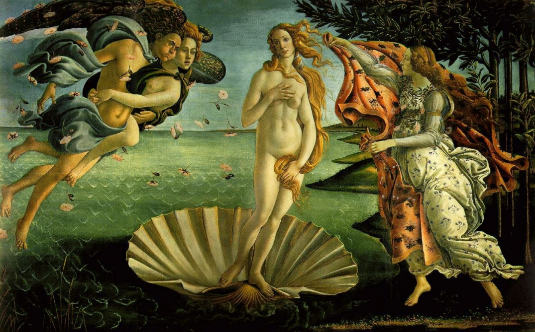 <ul><li><p>Decorative linear style</p></li><li><p>Influence of Byzantine Art</p></li><li><p>Biblical Subject Matter</p></li></ul><p>Paintings: The Birth of Venus c. 1485</p><ul><li><p>Symbol of the coming spring</p></li><li><p>Her depiction as a nude is noteworthy in itself, given because during Renaissance period rarely were nudes ever painted mostly themes of Christianity</p></li></ul>