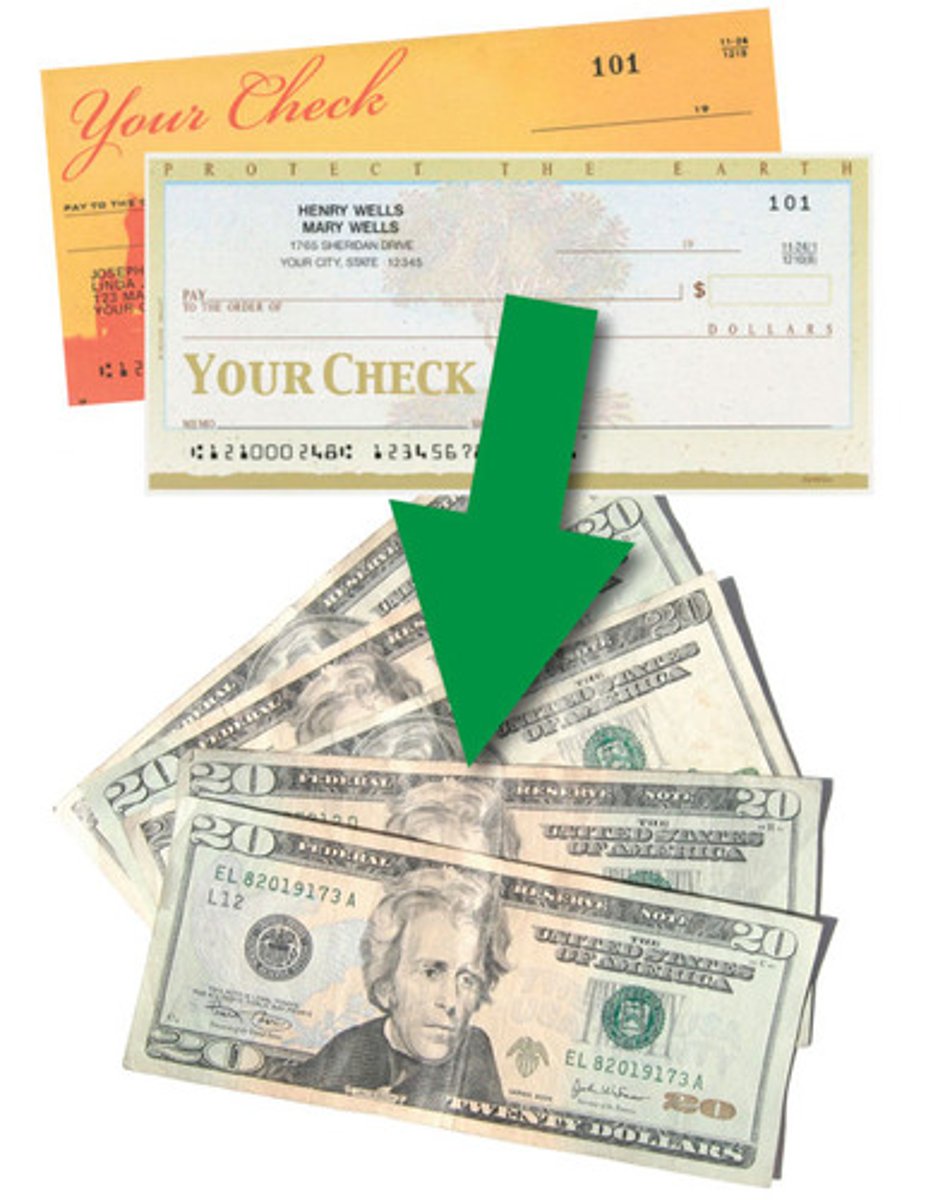 <p>to cash (a check)</p>
