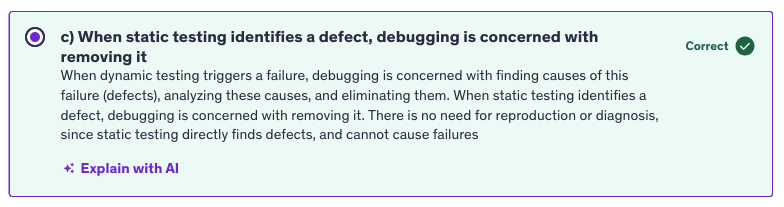 <p>c) when static testing identifies a defect, debugging is concerned with removing it</p>