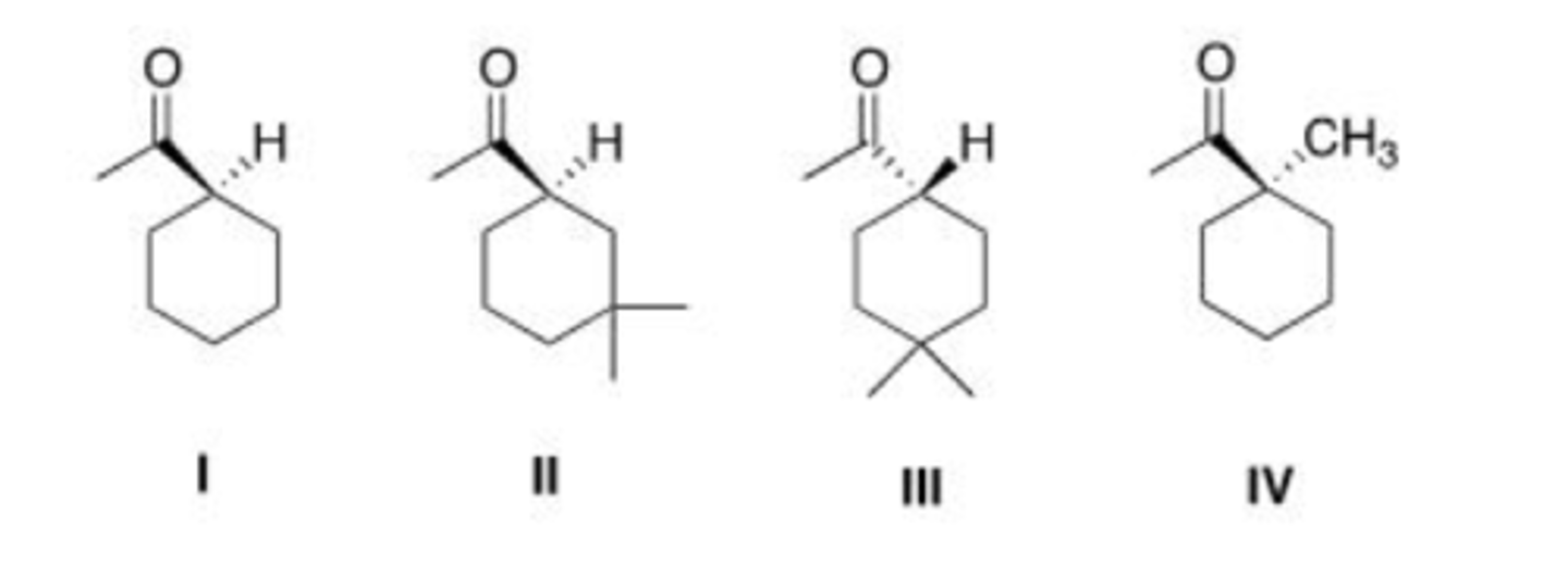 <p>Which of the following compounds would undergo racemization in the presence of a base?</p><p>A. I</p><p>B. II</p><p>C. III</p><p>D. IV</p>