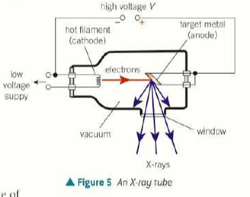 <ul><li><p>in an evacuated tube</p></li><li><p>a low voltage supply heats up the metal cathode, causing it to produce electrons by thermionic emission</p></li><li><p>these electrons are accelerated towards the anode through a high p.d (30-100kV)</p></li><li><p>the anode is made from a target metal (eg tungsten) with a high melting point</p></li></ul><p></p>