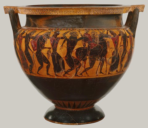 <p>Lydos: <em>Attic black-figure column-krater - Return of Hephaistos</em>, Greek, c. 550-540 BCE</p>