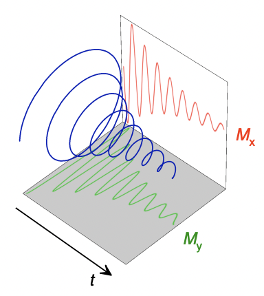 <p>= complex and time-dependent (since transverse component of bulk magnetisation decays over time)</p><p>M(y) = real component</p><p>M(x) = imaginary component </p>