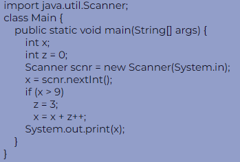 <p><span>If the input is 10, what is the output?</span></p><p></p><p></p><p><span>a) 14</span></p><p><span>b) 13</span></p><p><span>c) </span>Syntax error in the x = x + z++ expression </p><p>d) 0</p>