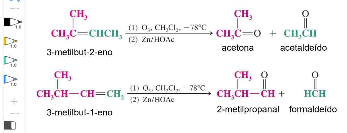 <p>A clivagem de alcenos com ozono e workup com zinco em ácido acético resulta em produtos com átomos de carbono menos oxidados do que os que se formam por tratamento com solução de permaganato de potassio </p><p>Não substituídos- foramldeido</p><p>Mono substituídos- aldeídos </p><p>Disubstituidos- cetonas </p>