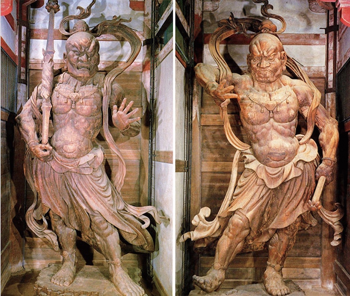 <p>The guardian deities at the Great South Gate of Tōdai-ji Temple in Nara, Japan, are the Niō (also known as Kongo Rikishi), two fierce guardian kings made of wood. They consist of Agyō, with an open mouth, and Ungyō, with a closed mouth.</p>