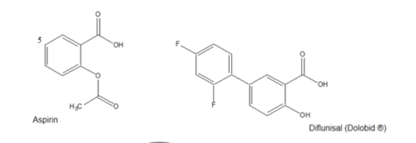 <p>both inhibit COX= less TXA2</p><p>aspirin: low dose IRREVERSIBLY inhibits COX1</p><p>high dose REVERSIBLY inhibits COX2</p><p>diflunisal: REVERSIBLE inhibitor of COX1/COX2</p>