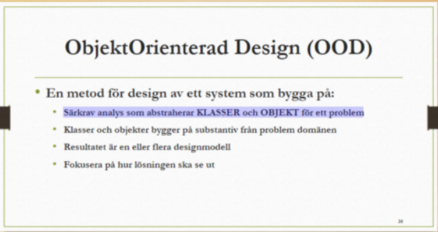 <p>Klasser och objekt på substantiv från problemdomänen. Riktas mer inpå hur lösningen ska se ut.</p>