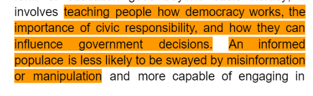 <p>-However, the population should be educated when it comes to democratic ideas.<br>-People must understand the process or the concept of democracy.</p><ul><li><p>A condition for the making of democracy</p></li></ul><p></p>