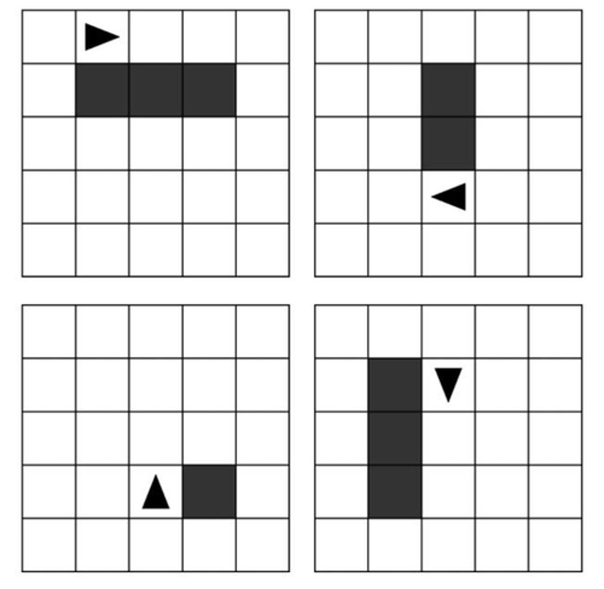 <p>The figure below shows four grids, each containing a robot represented as a triangle. The robot cannot move to a black square or move beyond the edge of the grid. Which of the following algorithms will allow the robot to make a single circuit around the rectangular region of black squares, finishing in the exact location and direction that it started in each of the four grids?</p>