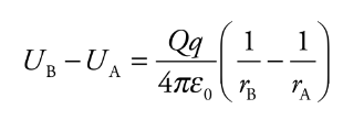 <p>Consider the electric field created by a point source charge Q. If a charge moves from a distance rA to a distance rB from Q, then the change in the potential energy is:</p><ul><li><p>Ub and Ua = electrical potential energies for a and b</p></li><li><p>ra and rb = distances for a and b</p></li><li><p>e0 = permeability of free space</p></li></ul>