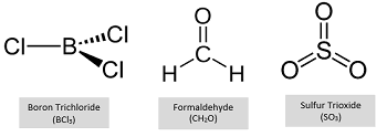 <p><strong>Trigonal planar geometry</strong> occurs when a central atom forms <strong>three bonds</strong> and has <strong>no lone pairs</strong>, arranging atoms <strong>120° apart</strong> in a flat, triangular shape.</p>