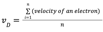 <ul><li><p>even when there isn’t a current through the wire, electrons move at a constant, high velocity; the direction of the velocity is random (which is why the net charge transported is zero)</p></li><li><p>when current IS flowing in the wire, there is a slight bias as to how the electrons move → they now move with <em>drift velocity</em></p><ul><li><p>velocity of an electron = ~10<sup>-6</sup>, n = charge carrier density</p></li></ul></li><li><p>Drift speeds are small (10<sup>-4</sup> - 10<sup>-5</sup>) but there are a lot of electrons in a metal, so it can build up and give rise to considerable currents.</p></li></ul>