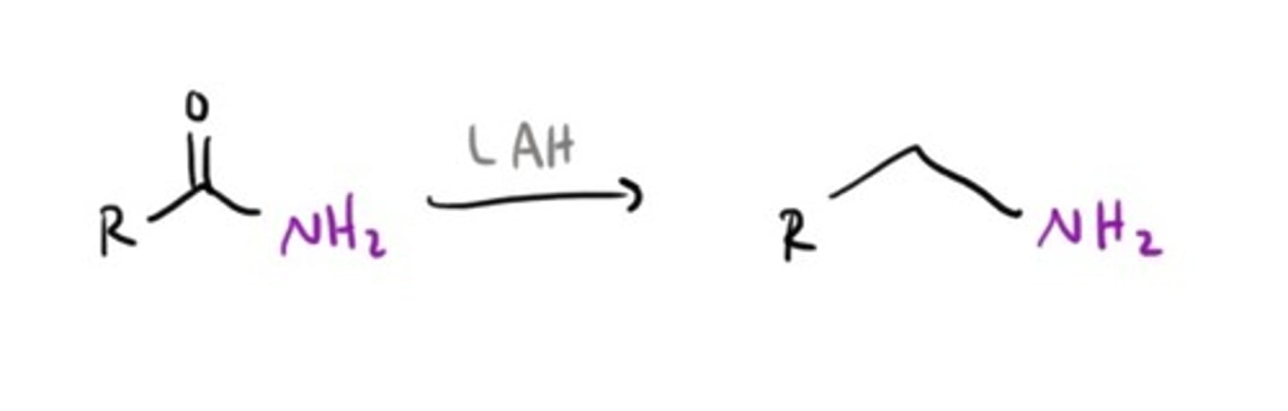 <p>reduces amide to amine</p>
