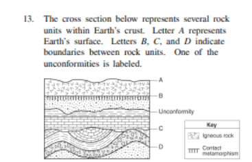 <p>Which letter boundary is most likely another unconformity?</p>